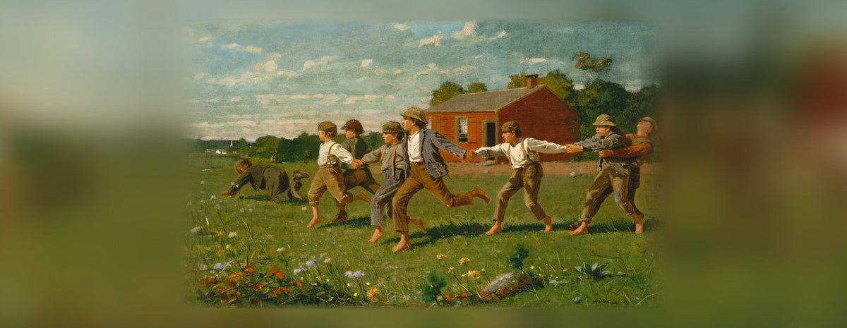 Winslow Homer, Snap the Whip (1872): çayırda el ele tutuşup koşan çocuklar. The Metropolitan Museum of Art, kamu malı.